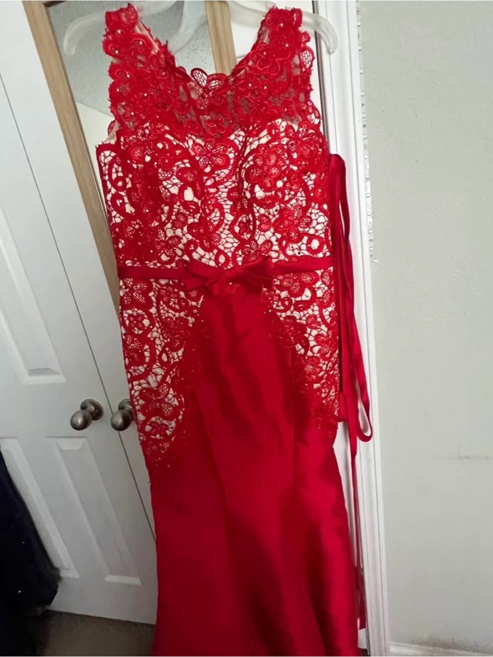 Red Lace Bodice Evening Dress with Satin Skirt